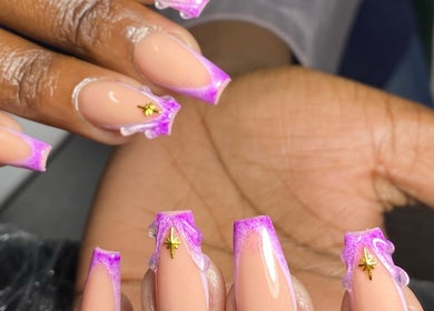 Purple-tipped nail art at Nailcraftsbynene, Pretoria, Gauteng, ZA showcasing intricate design.