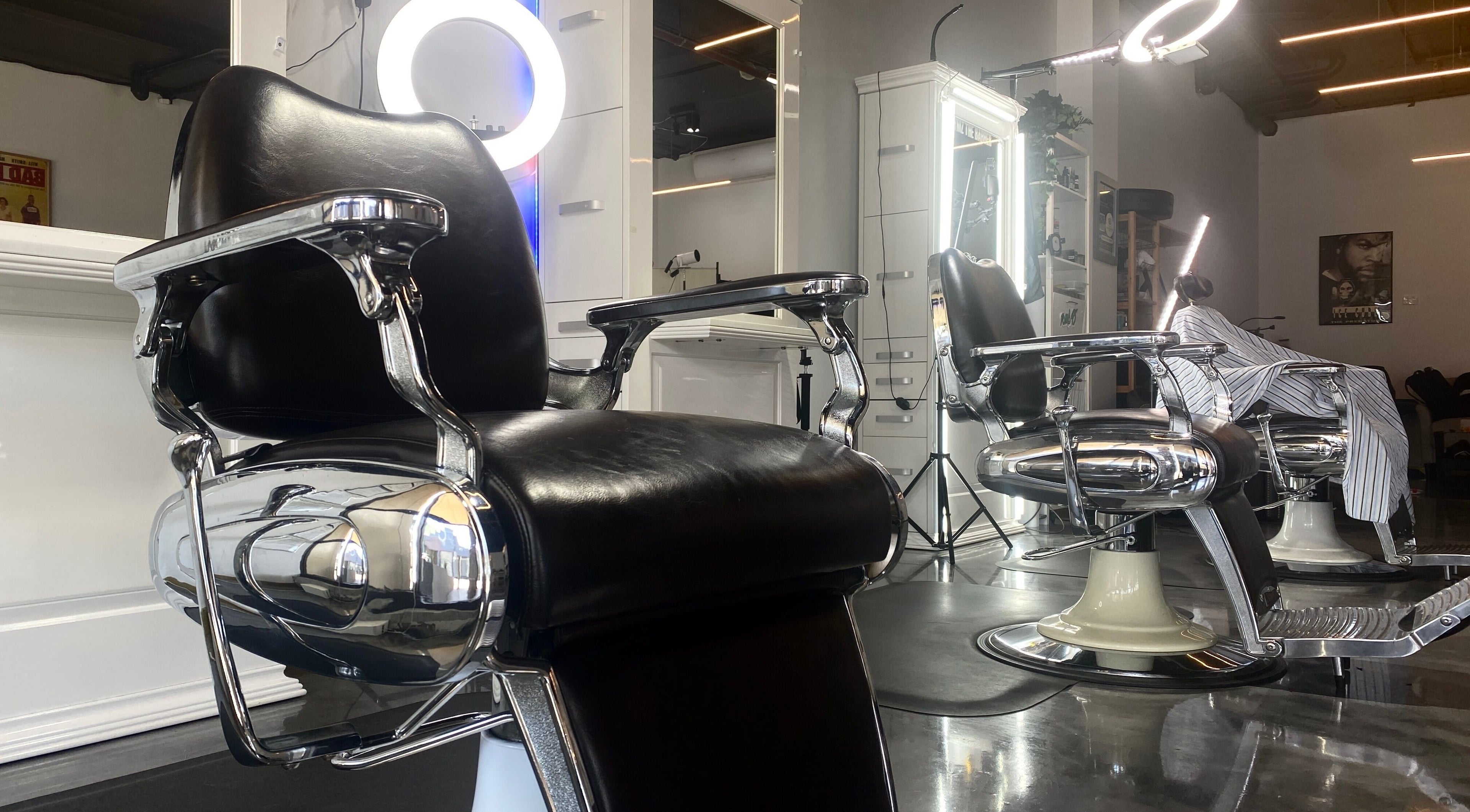 Stylish salon chairs at Silk Barbershop Carnegie, Melbourne, Victoria, AU, creating a chic and modern vibe.