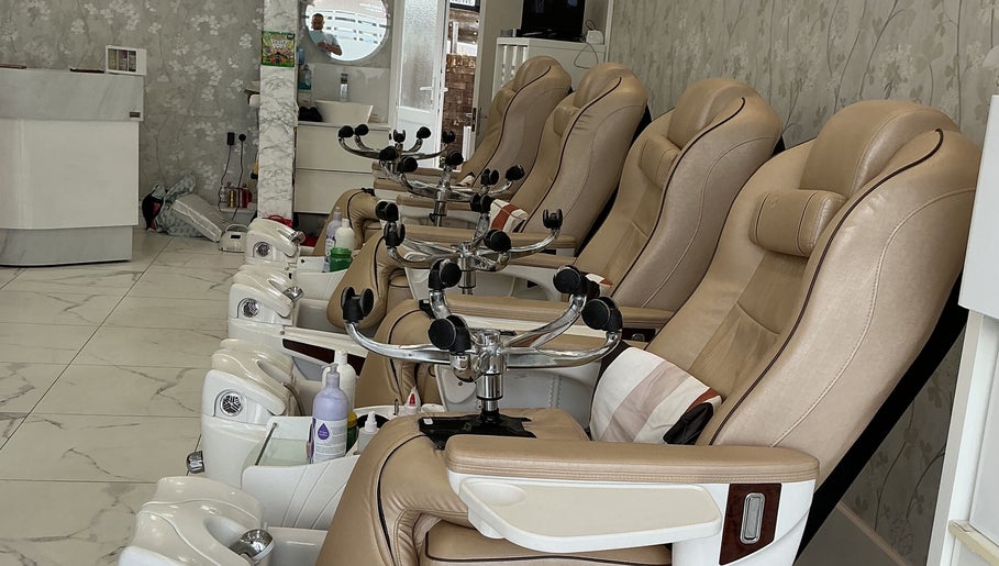 Luxurious pedicure chairs at Maya Nails, Ashtead, England, GB. Perfect for relaxing beauty treatments.