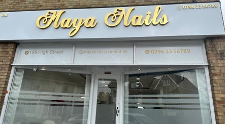 Front view of Maya Nails salon in Ashtead, England, showcasing elegant signage.