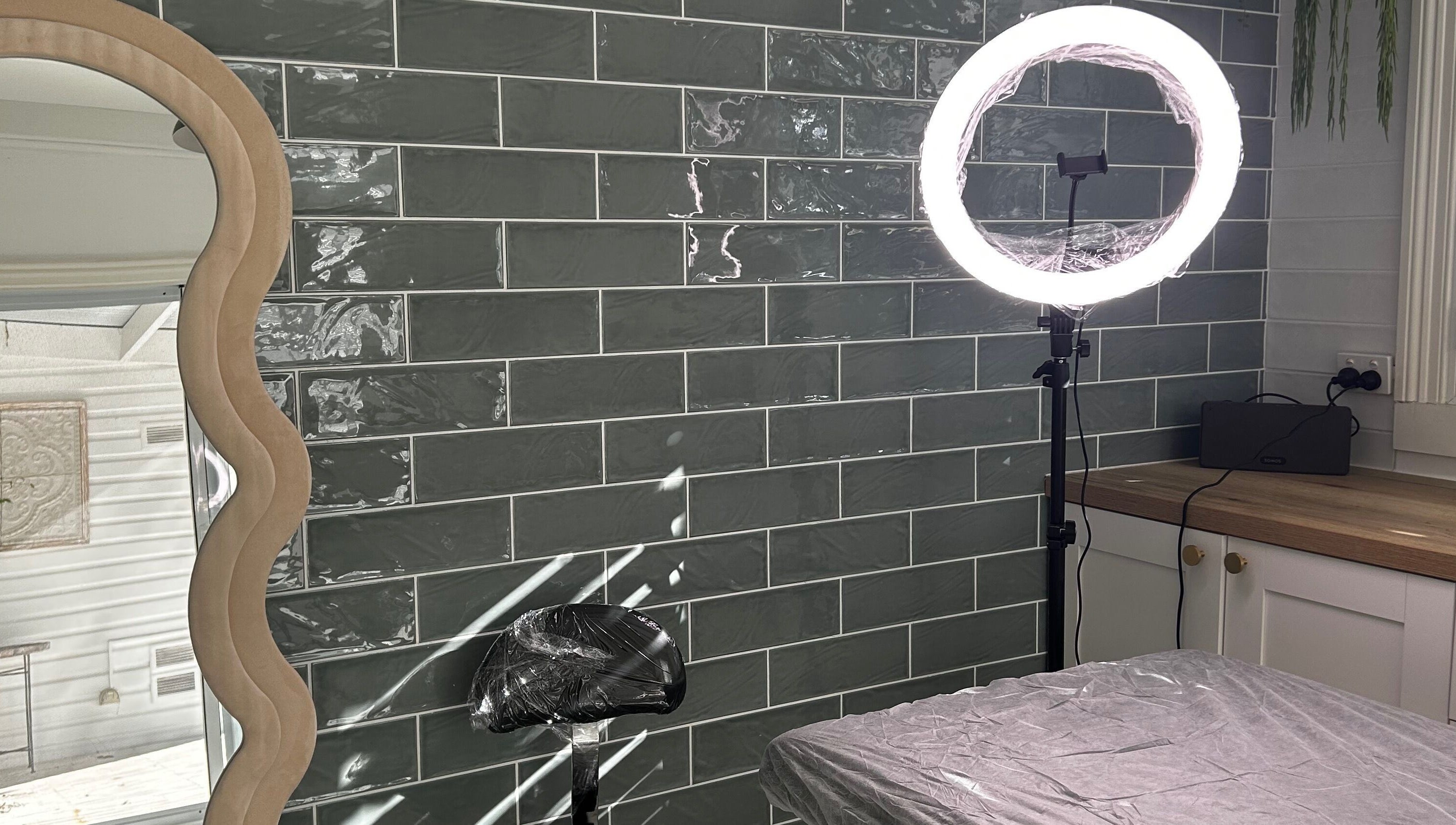 Modern setup at Haven Ink & Beauty Studio, Dawesville, Western Australia, AU with mirror and ring light.