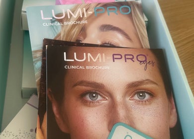 Lumi-Pro clinical brochures at A Million Dollar Beauty, Orpington, England, GB, showcasing skincare insights.