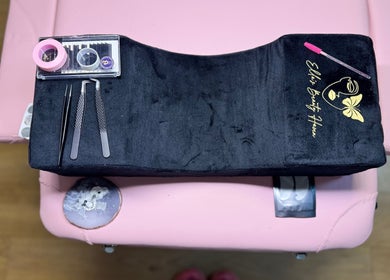 Eyelash extension tools on a pink table at Ellas Beauty Haven, Aberchirder, Scotland, GB.