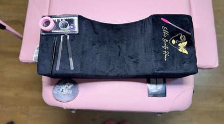 Eyelash extension tools on a pink table at Ellas Beauty Haven, Aberchirder, Scotland, GB.