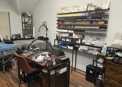 Nail and beauty studio station at Kalos & Grace, Ballymoney, Northern Ireland, GB showcasing organized nail polish.