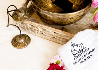 Calming brass bowl and towel at Balance And Bloom Ayurveda, Brighton And Hove, England, GB.
