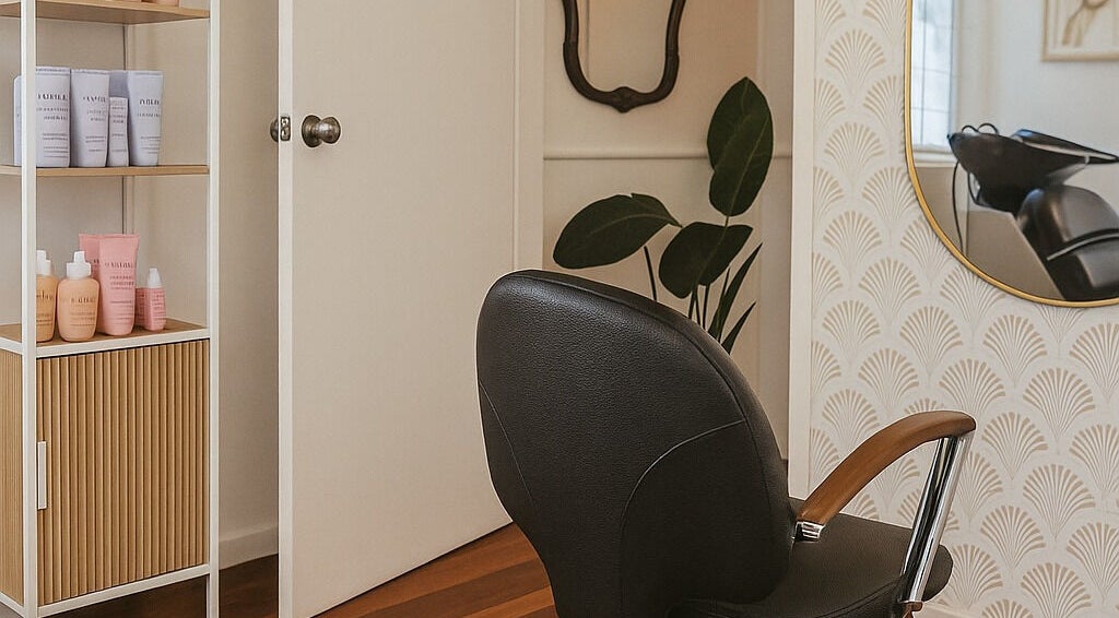 Chic salon chair by stylish shelf at Hair with Gretta, Caloundra, Queensland, AU.