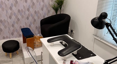 Cozy nail station at Suav Nails Beauty, Enfield, England, GB, with modern decor and manicure tools.