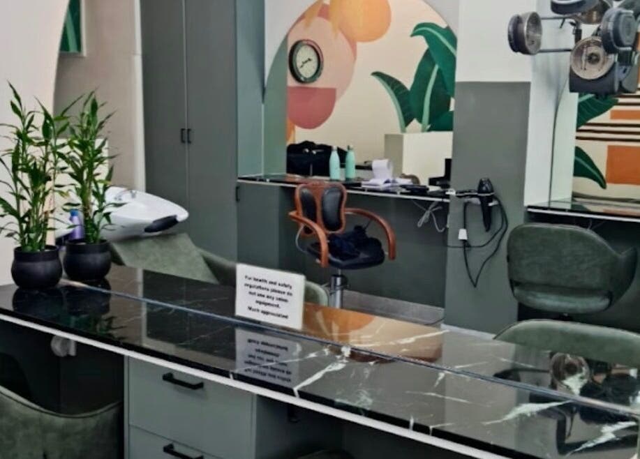 Modern salon interior at Hair by Greshan in Edgecliff, New South Wales, AU, showcasing sleek design and plants.