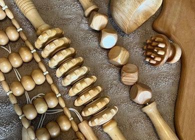 Holistic wooden massage tools at Skin and Sculpt by Victoria Cottle, Honiton, England, GB.