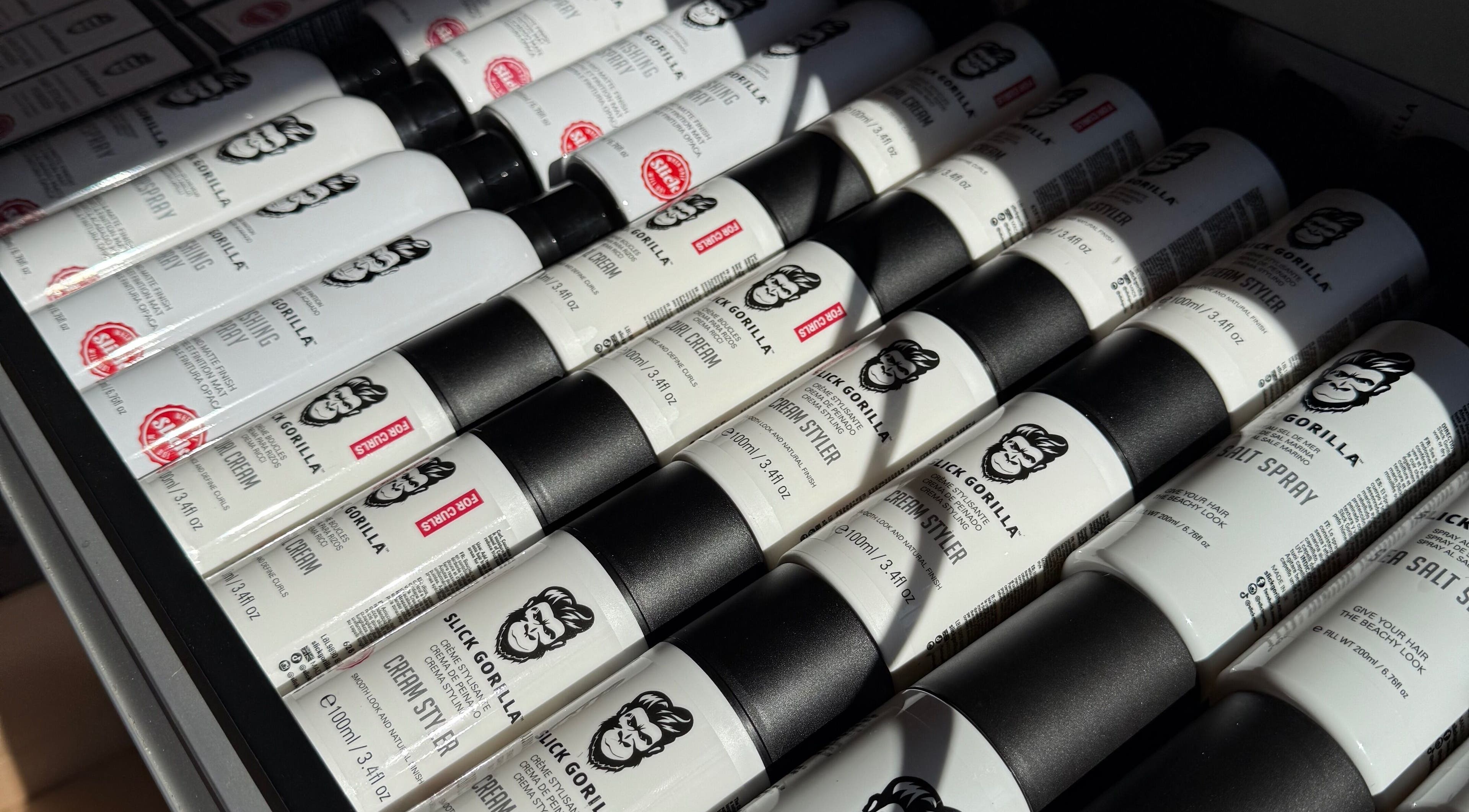 Slick Gorilla styling products displayed at Stokes Cuts, Broadstairs, England, GB.