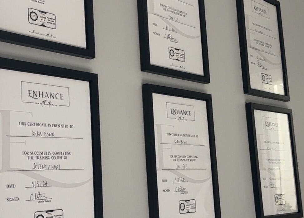 Certificate display at Total Aesthetics Clinic, Wisbech, England, GB showcasing professional credentials.