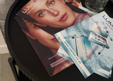 LumiPro skincare brochures displayed on a table at Total Aesthetics Clinic, Wisbech, England, GB.