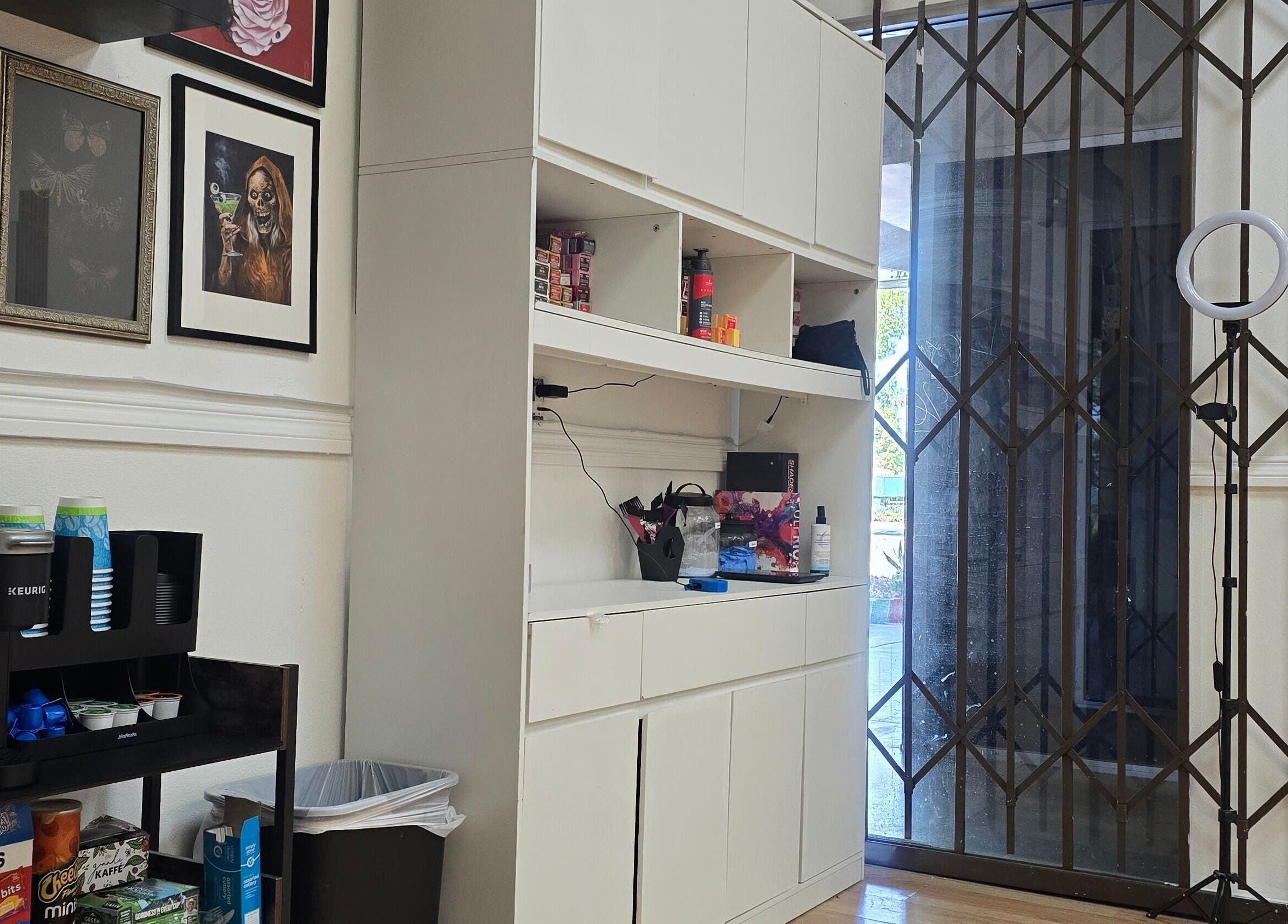 Artistic decor and organized shelves at Crystal's Beauty Lab in Paramount, California, US.