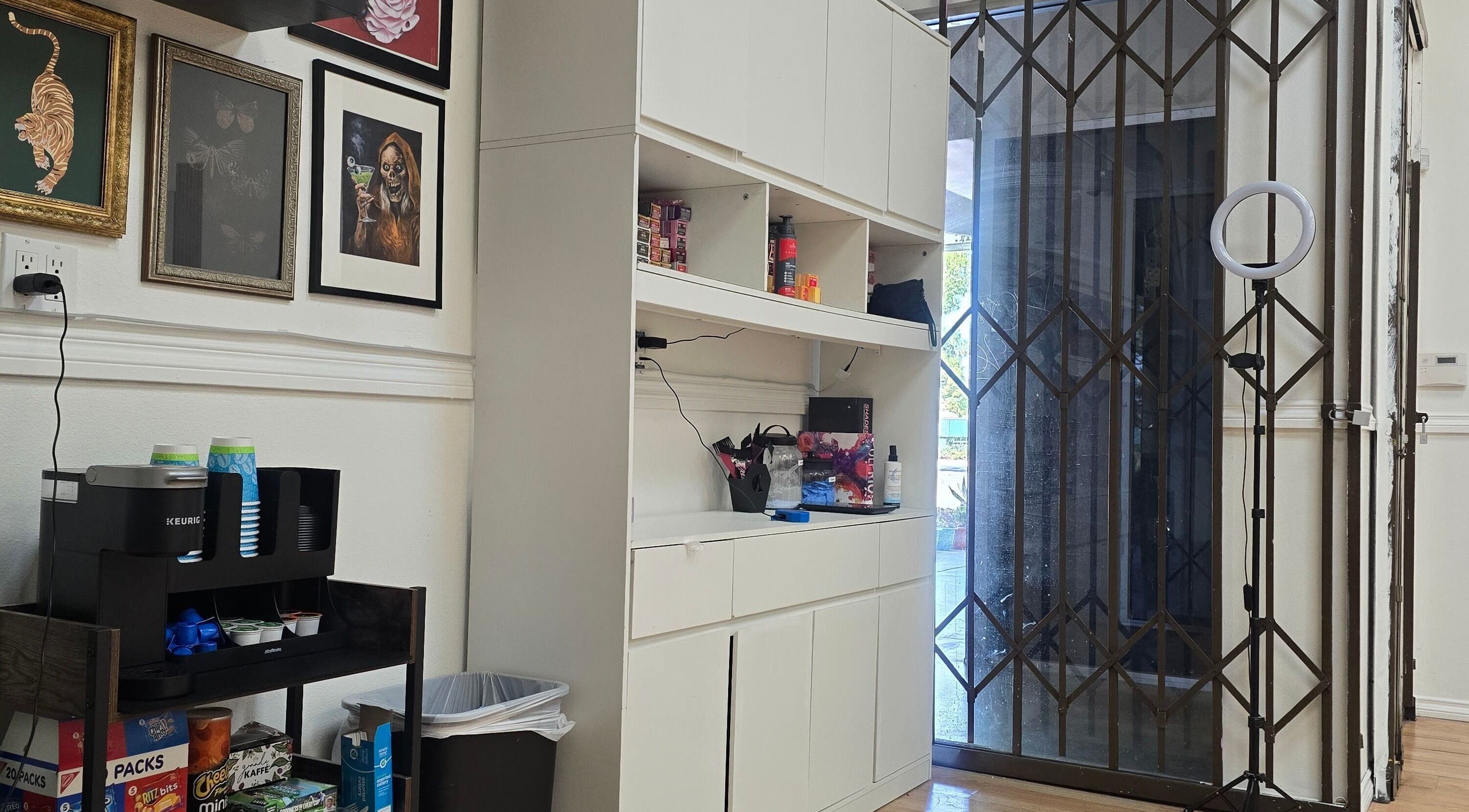 Artistic decor and organized shelves at Crystal's Beauty Lab in Paramount, California, US.