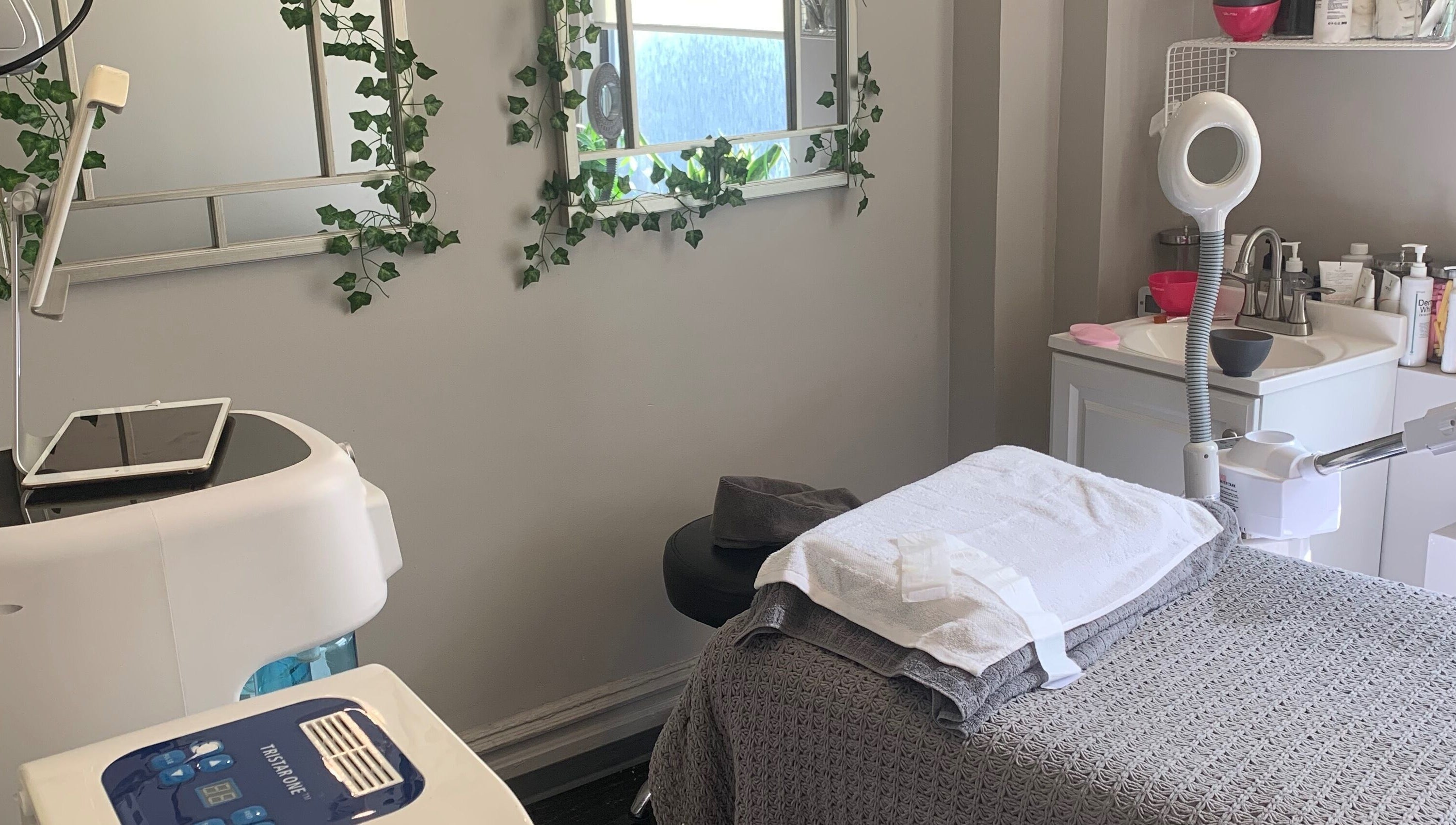 Elegant treatment room at Peach & Fox, New York, New York, US with greenery and modern equipment.