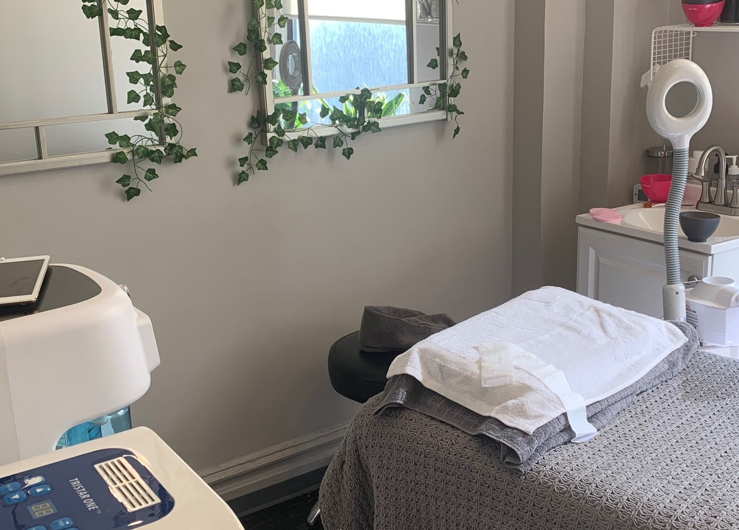 Elegant treatment room at Peach & Fox, New York, New York, US with greenery and modern equipment.