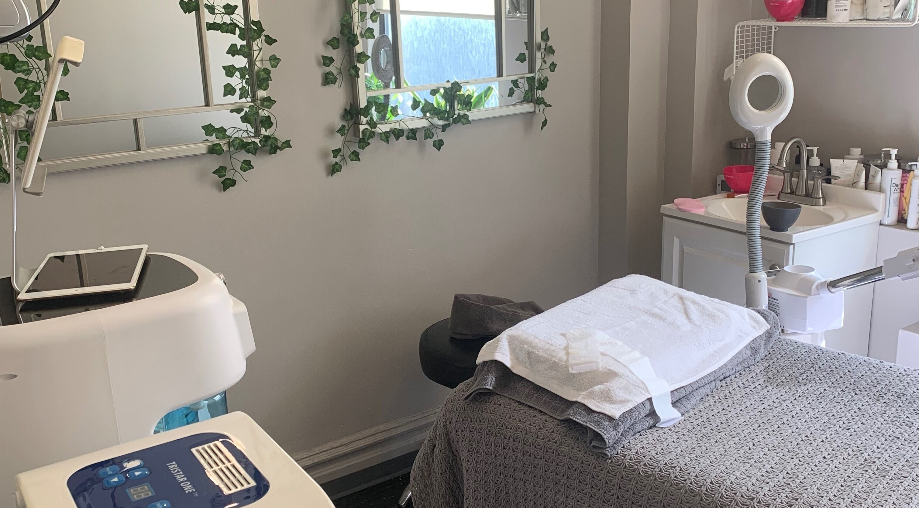 Elegant treatment room at Peach & Fox, New York, New York, US with greenery and modern equipment.