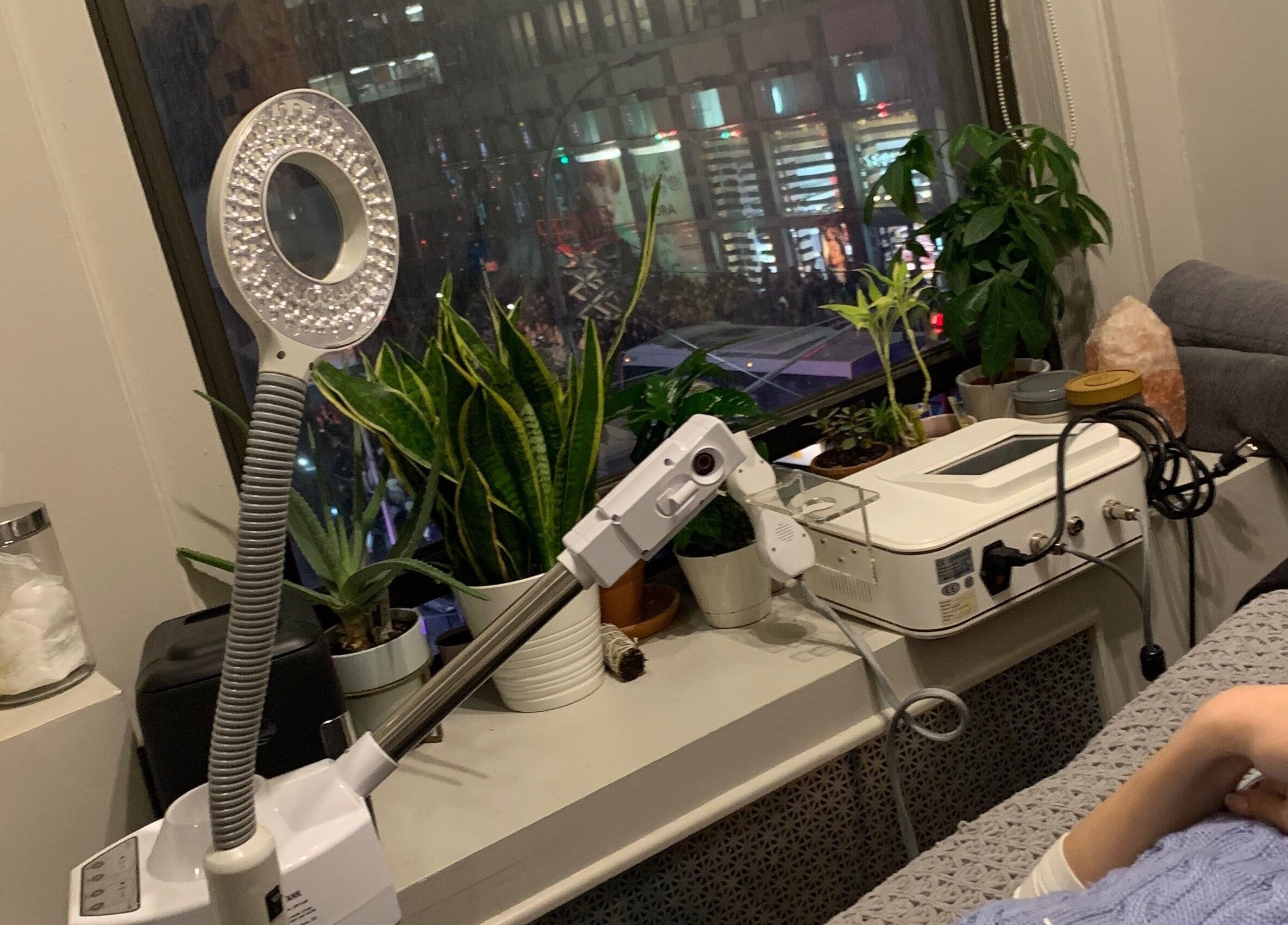Treatment room with plants and tools at Peach & Fox, New York, New York, US offers a calming wellness space.
