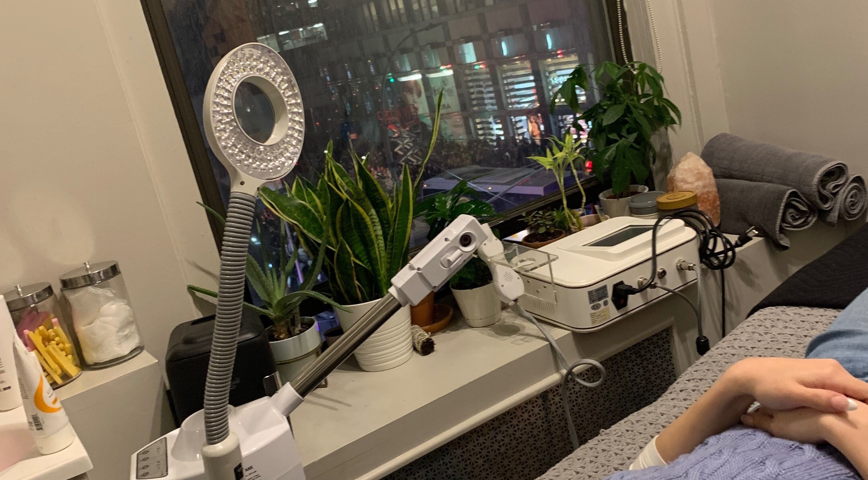Treatment room with plants and tools at Peach & Fox, New York, New York, US offers a calming wellness space.