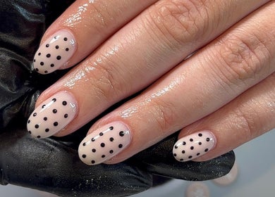 Polished nails with black dots at Polished by Asha, Haywards Heath, England, GB.