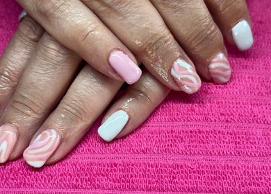 Beautiful pink and white nail art at Polished by Molly, Hedge End, England, GB.