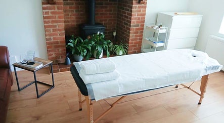 Tranquil treatment room at Face Massage Aigul, Northampton, England, GB with massage table and plants.