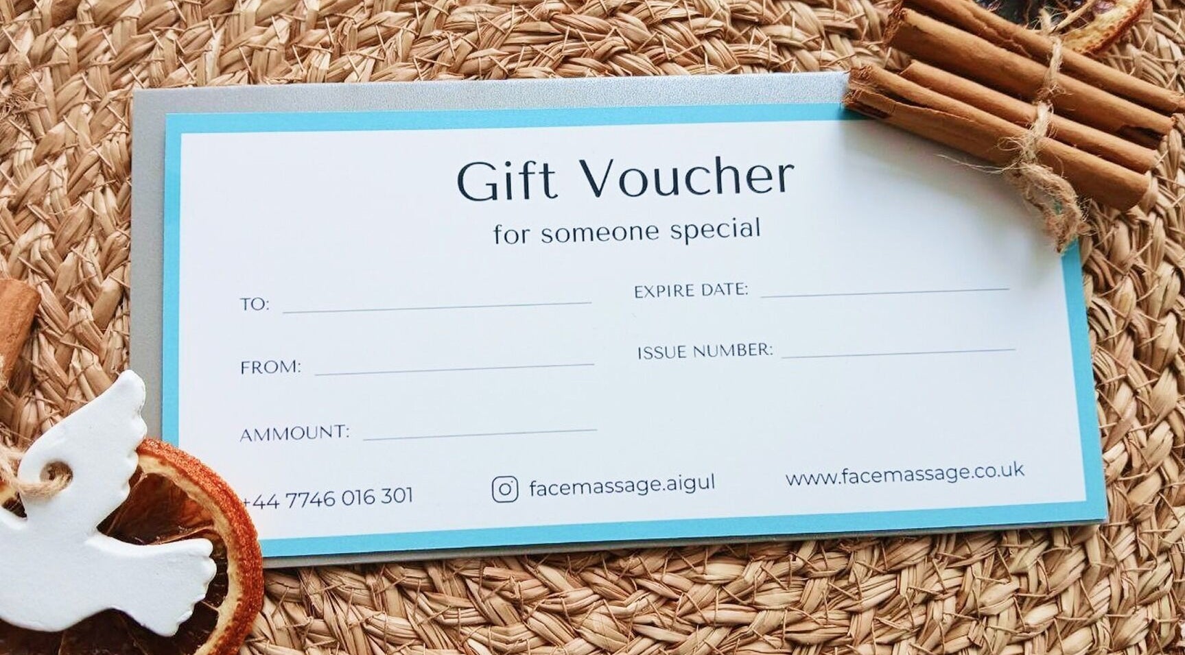 Gift voucher from Facial Massage Aigul, Northampton, England, GB with festive decor.