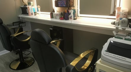 Luxurious salon chairs and beauty products at Blissful Bay Inc., Schaumburg, Illinois, US.