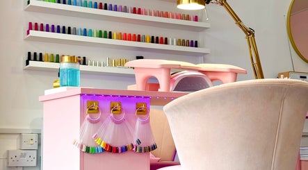 Nail polish display and manicure station at Yummy Gels, North Shields, England, GB.