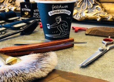 Barber tools and Jetcharm cup at Jetcharm Barbershop & Gentlemen’s Quarters, New Plymouth, Taranaki Region, NZ.