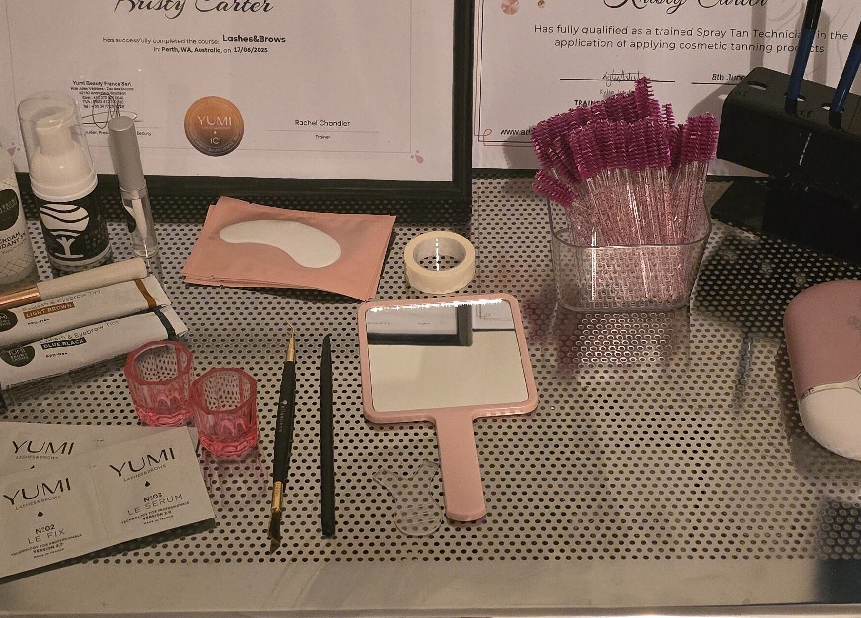 Beauty accessories at Brow & Glow Studio, Seville Grove, Western Australia, AU showcasing lash and brow tools.