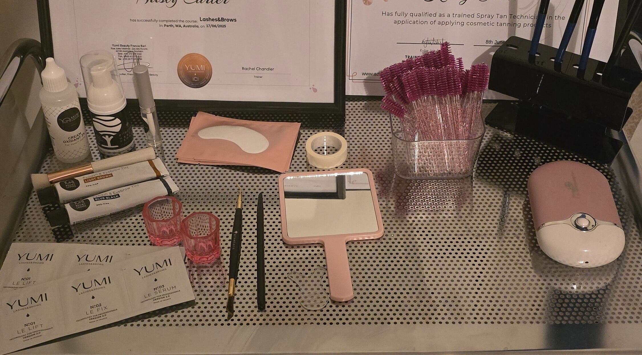 Beauty accessories at Brow & Glow Studio, Seville Grove, Western Australia, AU showcasing lash and brow tools.