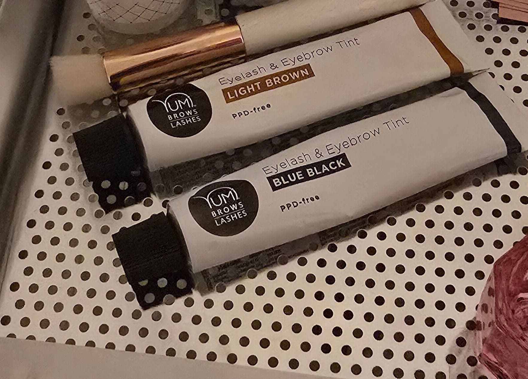 Eyelash and eyebrow tint tubes at Brow & Glow Studio, Seville Grove, Western Australia, AU.