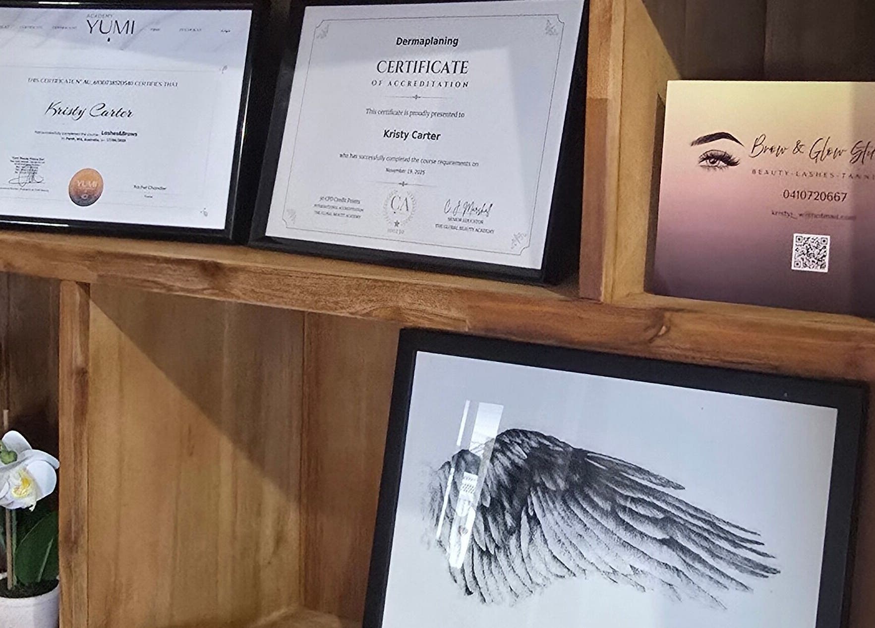Certificates and decor at Brow & Glow Studio, Seville Grove, Western Australia, AU, reflect professionalism and style.
