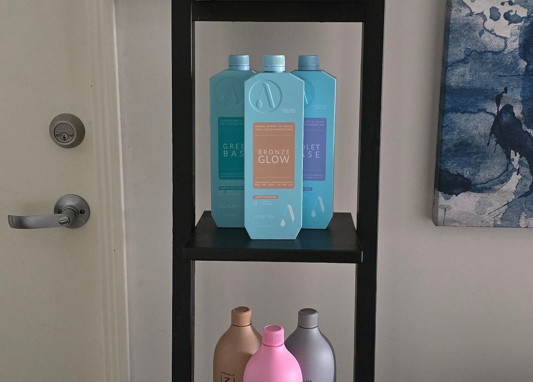 Shelf with beauty products at Brow & Glow Studio, Seville Grove, Western Australia, AU.