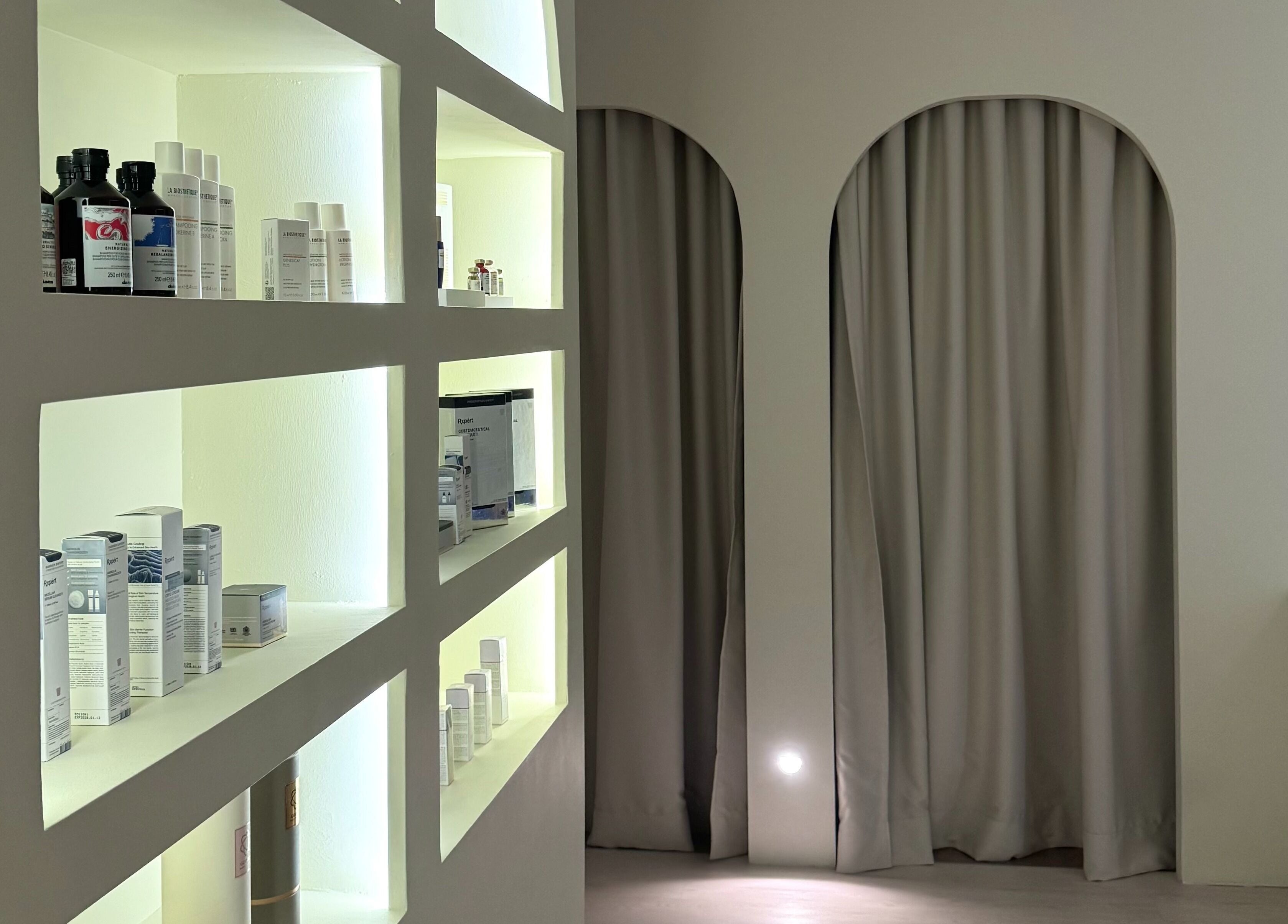 Chic product display at Bond Aesthetic, Petaling Jaya, Selangor, MY with illuminated shelves.