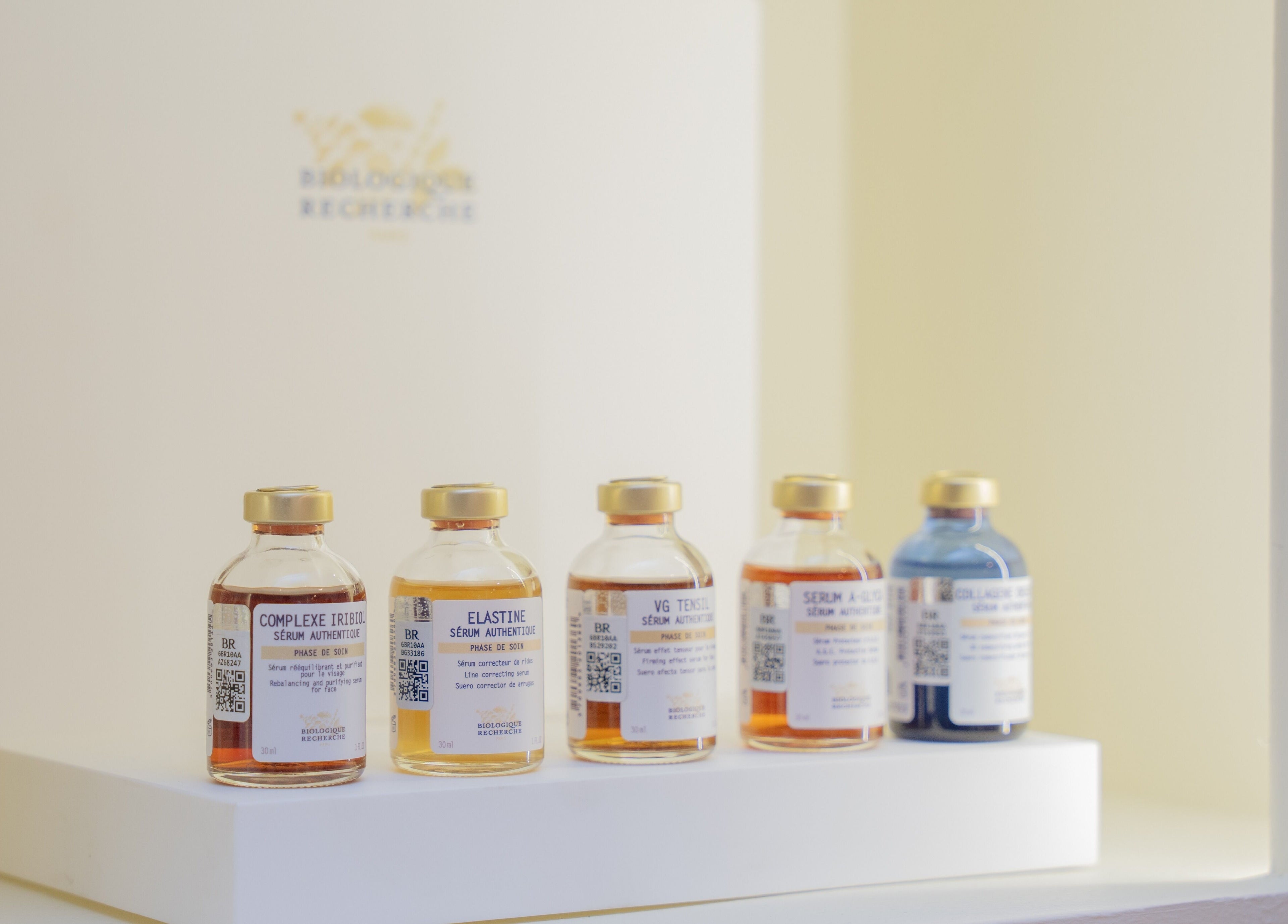 A collection of skincare serums displayed at Bond Aesthetic, Petaling Jaya, Selangor, MY.