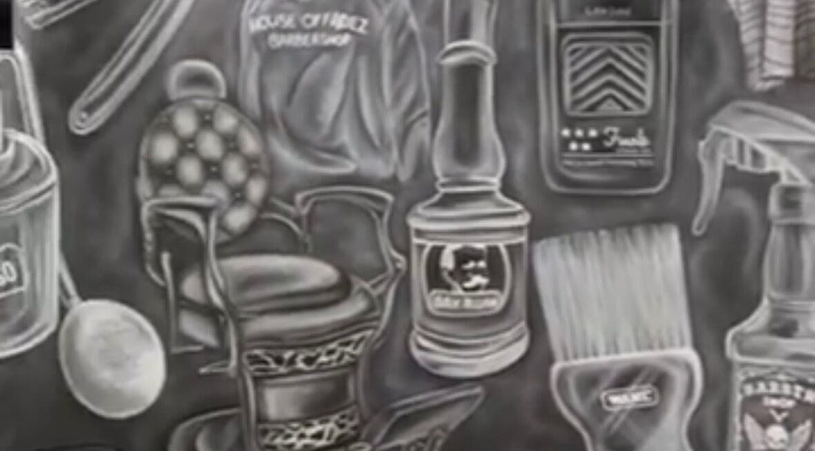Artistic mural featuring barber tools at Yass_Fadez in Bexley, New South Wales, AU.