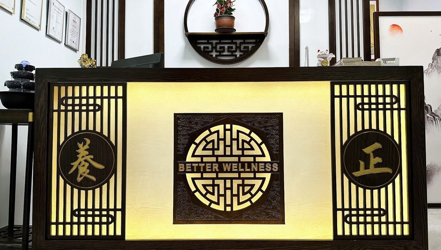 Reception desk at Better Wellness TCM 養正理疗馆 in Orchard, SG, showcasing elegant decor and a welcoming atmosphere.