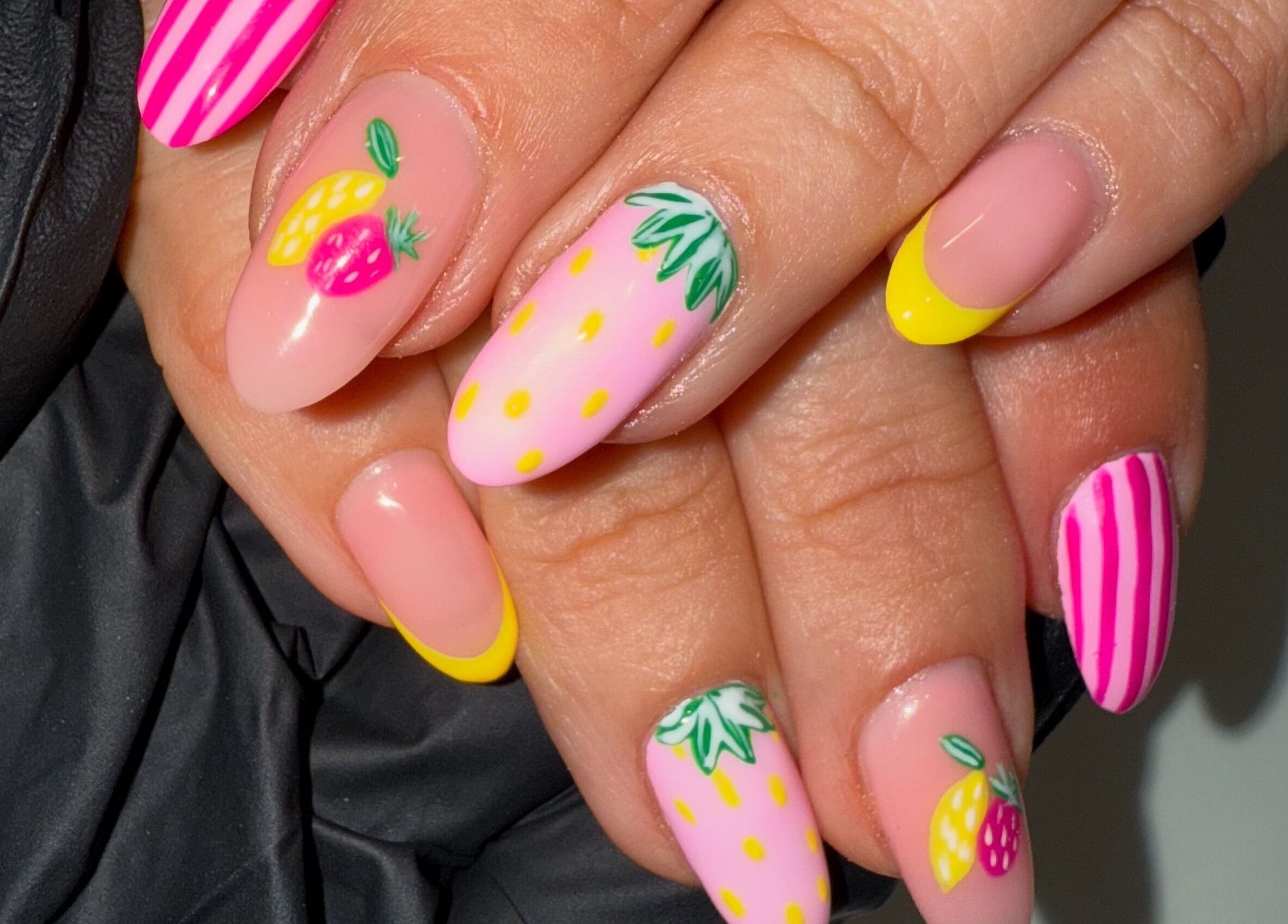 Vibrant tropical nail art at Lindsey Marriott Nails, Blackpool, England, GB.