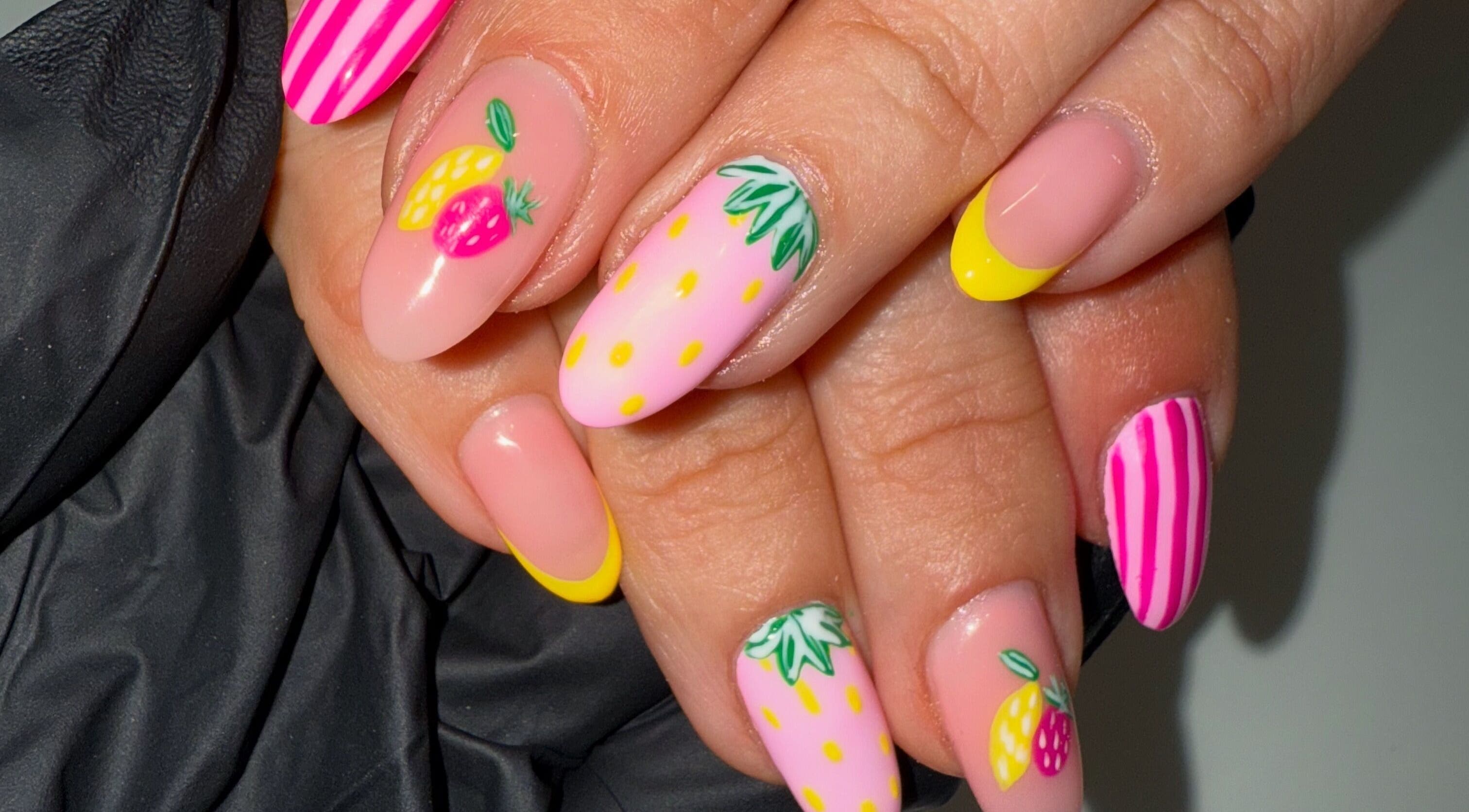 Vibrant tropical nail art at Lindsey Marriott Nails, Blackpool, England, GB.