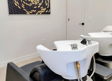 Modern wash station at Hairworks Salon Windsor, Lasalle, Ontario, CA. Luxurious and inviting setting.