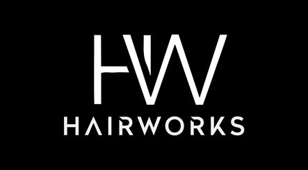 Hairworks Salon Windsor logo in Lasalle, Ontario, CA on a black background.