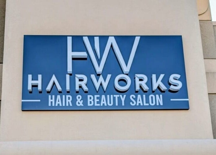 Hairworks Salon Windsor sign, Lasalle, Ontario, CA. Modern design with blue and white lettering.