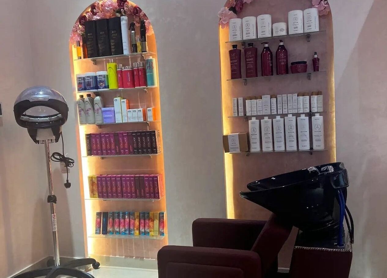 Product shelves and hair station at High End Details Beauty Salon, Sharjah, Sharjah, AE.
