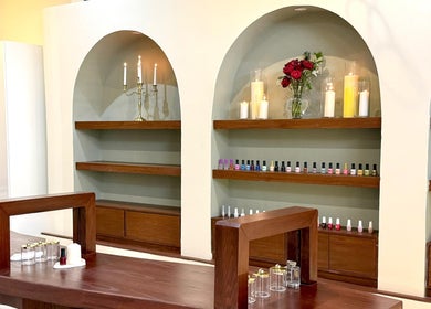 Chic nail polish display at La Beaute Salon and Spa, Al Khobar, Eastern Province, SA with decor accents.