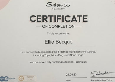 Certificate awarded at The Extension Room by Ellie in Waterlooville, England, GB for hair extensions course.