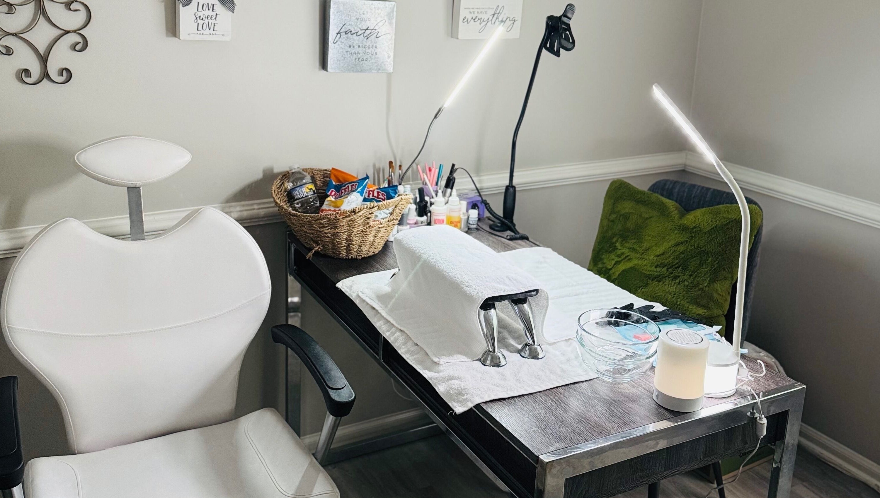 Manicure setup at The Nail Groomer Hands & Foot Care in Duluth, Georgia, US. Includes tools and a welcoming chair.