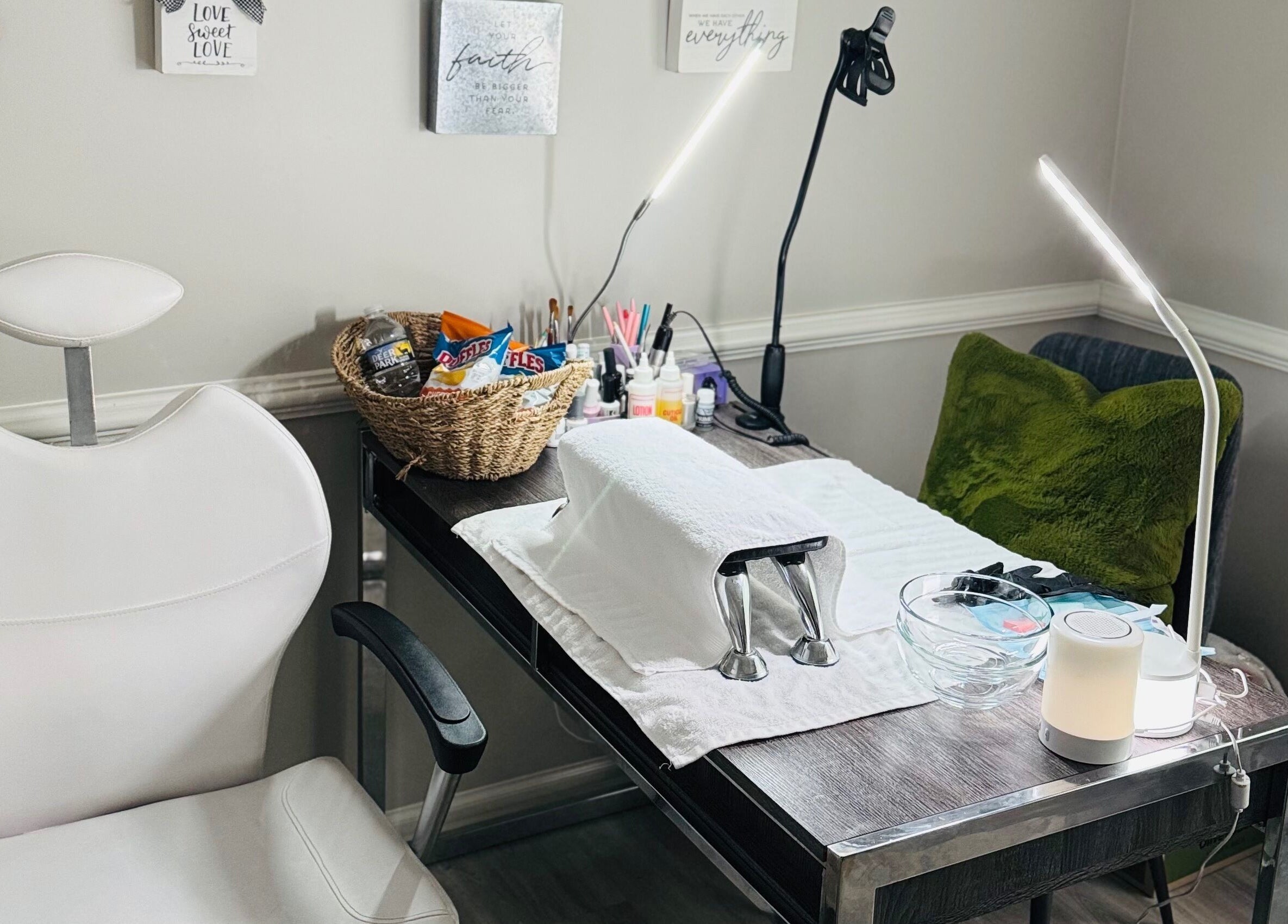 Manicure setup at The Nail Groomer Hands & Foot Care in Duluth, Georgia, US. Includes tools and a welcoming chair.